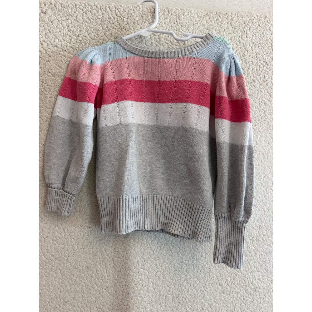 Janie and Jack Striped Sweater Kids 3 Grey Pink Blue Puff Sleeve Knit Preppy